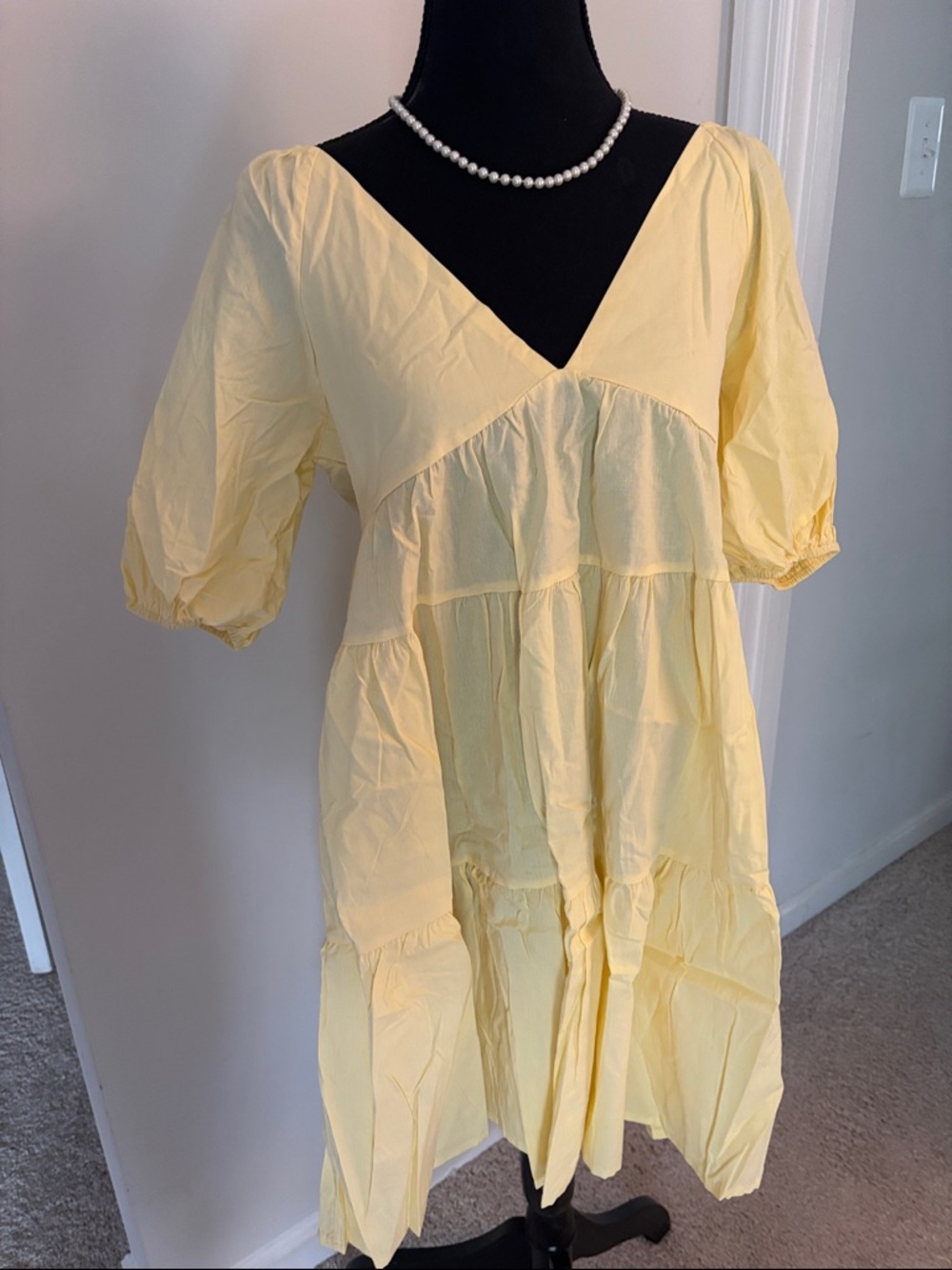 Soft Yellow Tiered V-Neck Babydoll Dress